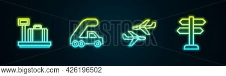 Set Line Scale With Suitcase, Passenger Ladder For Plane Boarding, Plane And Road Traffic Sign. Glow