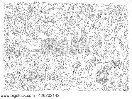 Hand Drawn Doodle Coloring Page With Leopards, Parrots, Hummingbird, Toucan, Snake, Monkey And Chame