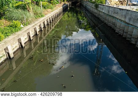 Dirty Waste Dark Black Stink Bad Water Smell From City Under Water Pollution Process Sewer Drain Pip