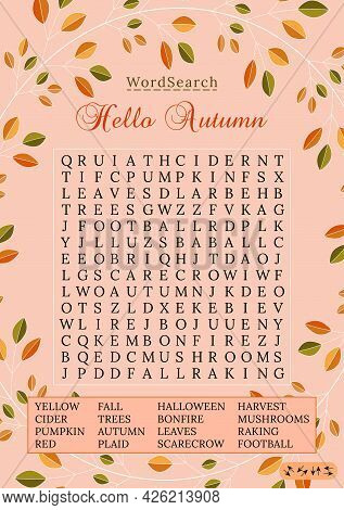 Autumn Word Search Puzzle. Fall Season Crossword  Puzzle For Children Or Adults. Printable Worksheet