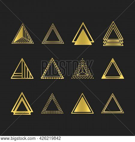 Golden Art Deco And Line Equilateral Triangles Motifs And Icons Set On Black Background