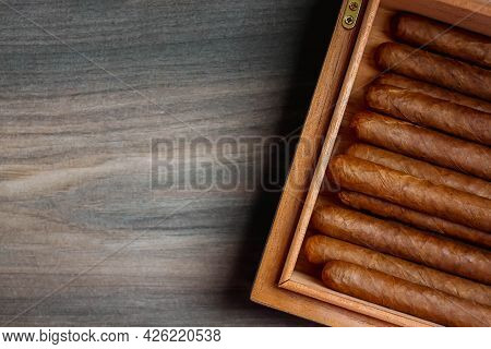 Cigars In Humidor On The Wooden Background