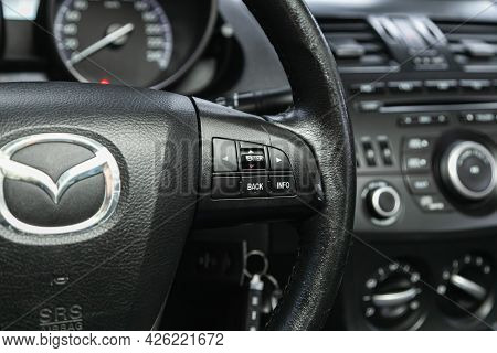 Novosibirsk, Russia - June 29, 2021: Mazda 3, Interior Of A Modern Car With Voice Control Button