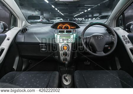 Novosibirsk, Russia - June 29, 2021: Toyota Vitz,  Steering Wheel, Shift Lever, Multimedia  Systeme,