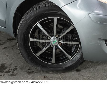 Novosibirsk, Russia - June 29, 2021: Toyota Vitz,  Close Up Of The Car Front Detail With  Light-allo