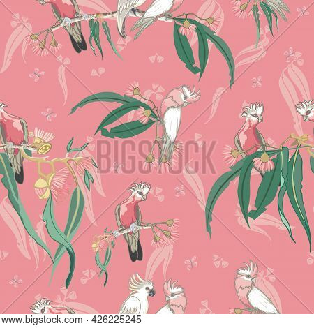 Australian Native Cockatoos And Galah Birds Seamless Pattern. Vector Illustration