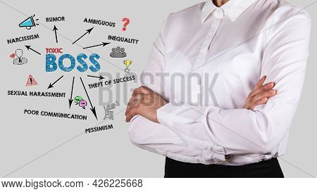 Toxic Boss Concept. Business Woman On A Gray Background