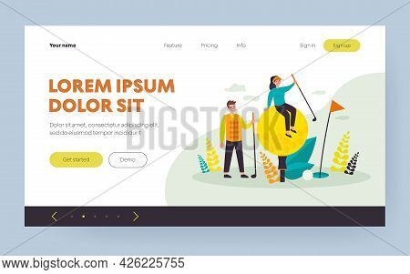 Tiny Golf Players With Brassies And Ball Having Fun On Lawn. Champions Enjoying Game. Flat Vector Il