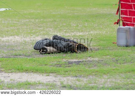 K9 Dog Training Sleeves Lie On The Green Grass. Special Jute Bite Sleeve. Arm Sleeve For Canine Dog 
