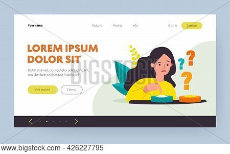 Puzzled Woman Choosing Between Two Buttons And Pushing Blue One. Vector Illustration For Difficult C