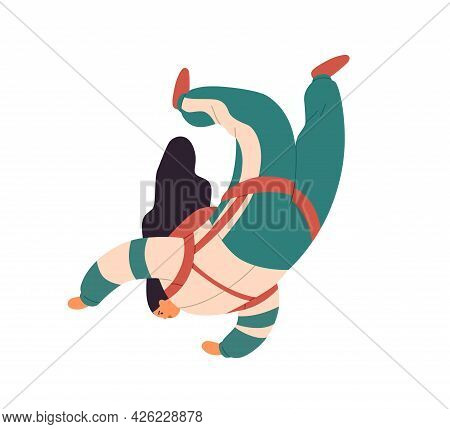 Woman Falling Down During Skydiving Jump. Skyjumper Flying And Floating In Air. Skydiver Jumping And