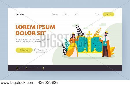 Tiny King And Queen Near Big Crown Isolated Flat Vector Illustration. Cartoon Royal Characters As A 