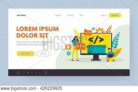 Tiny Programmers Programming Website For Internet Platform Flat Vector Illustration. Cartoon Develop