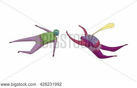 Paratroopers Or Parachutist Free-falling And Descenting With Parachutes Vector Set