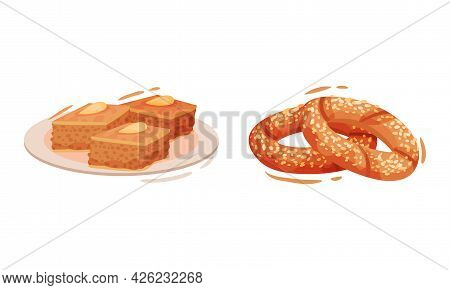 Turkey Culture Traditional Symbols With Simit Circular Bread With Sesame Seeds And Baklava Vector Se