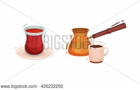Turkey Culture Traditional Symbols With Coffee Drink In Jezve And Red Beverage In Glass Vector Set