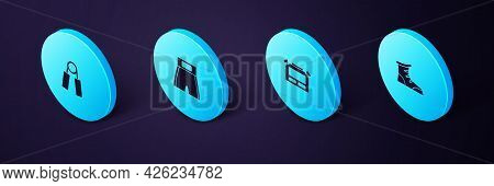 Set Isometric Sport Boxing Shoes, Stopwatch, Boxing Short And Expander Icon. Vector
