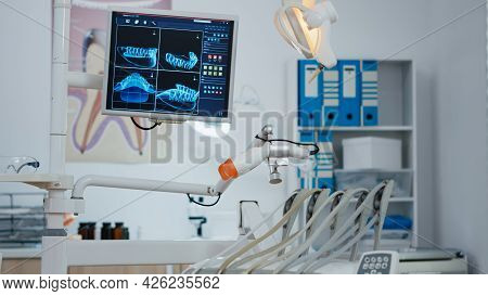 Close Up Medical Orthodontist Equipment In Modern Bright Office, Orthodontic Drill And Other Profess