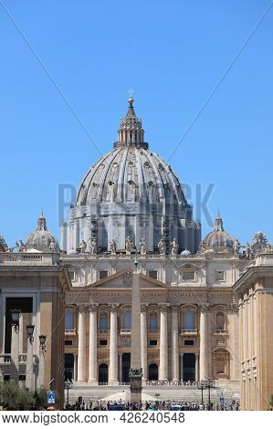 Vatican City, Va, Vatican - August 16, 2020: Huge Dome Of Saint Peter From Conciliazione Road
 And F