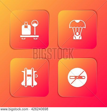 Set Scale With Suitcase, Parachute, And No Smoking Icon. Vector