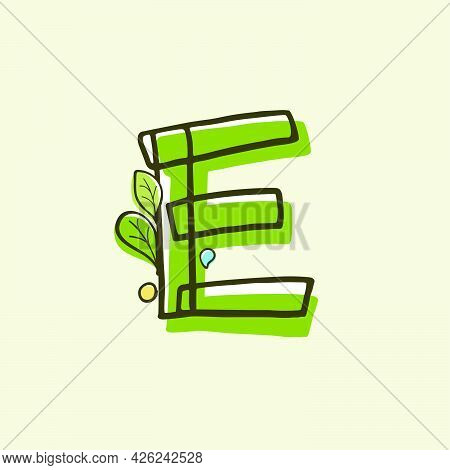 Eco Style Letter E Logo Hand-drawn With A Marker With Paint Shift Effect. Vector Cartoon Typeface Fo