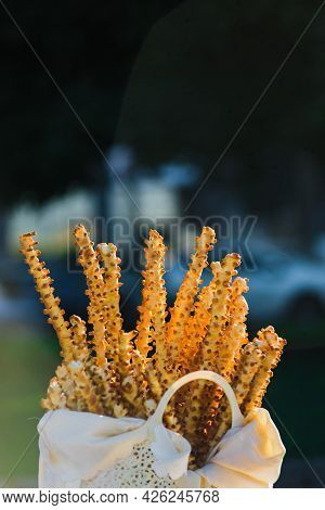 Traditional Baked Breadsticks In Basket Also Known As Grissini, Breadsticks , Grissino Or Dipping St