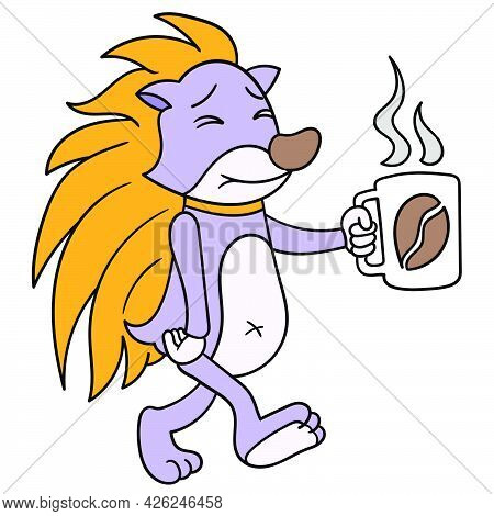 A Hedgehog Is Walking Sleepily Carrying A Glass Of Coffee, Vector Illustration Art. Doodle Icon Imag