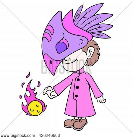 Inland Tribes Using Traditional Ceremonial Clothes Emit Fireball Energy, Vector Illustration Art. Do