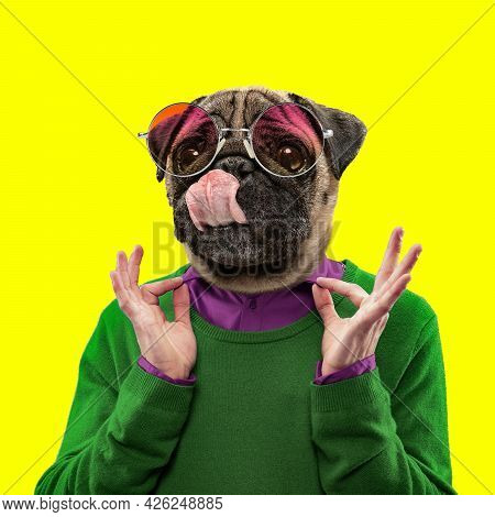 Contemporary Artwork, Conceptual Collage. Man Headed By Dog Head. Trendy Colors.