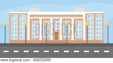 City Building Flat Cartoon Vector Illustration. Front View.