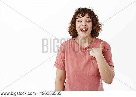 Happy Beautiful Woman Pointing At Herself, Laughing And Smiling With White Perfect Teeth, Being Chos