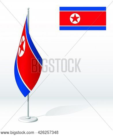 Dprk, North Korea Flag On Flagpole For Registration Of Solemn Event, Meeting Foreign Guests. Nationa