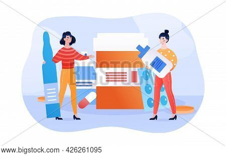 Two Female Characters Are Finding Suitable Medication Together. Two Women Are Picking Pills For Heal