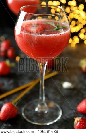 Concept Of Delicious Drink With Rossini Cocktail On Background With Blurred Lights
