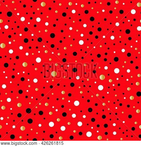 Happy Valentine's Day. Funny Seamless Pattern With Gold, Black, White Dots And A Bright Red Backgrou
