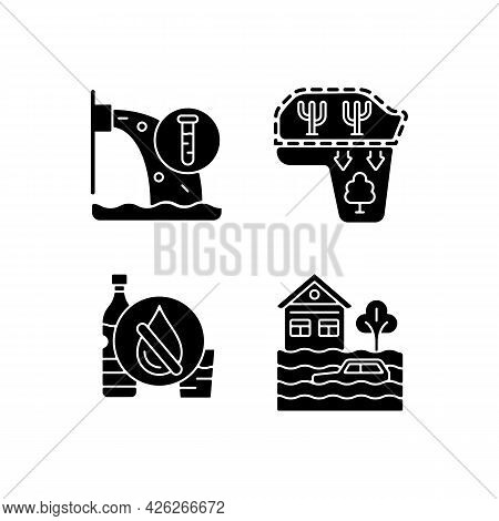 Water Stress Black Glyph Icons Set On White Space. Desert Expansion. Urban Runoff Management. Lackin
