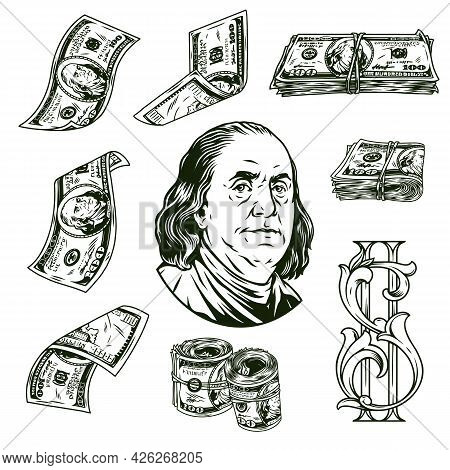 Money Elements Vintage Monochrome Concept With One Hundred Dollar Banknotes Elegant Dollar Symbol An