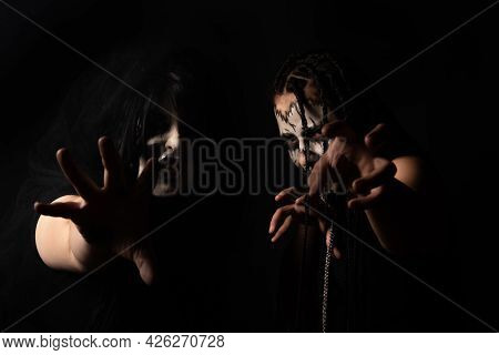 Supernatural Entities, Portrait Of Two Supernatural Entities, Artistic Makeup, Black Background, Low