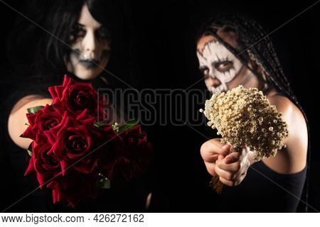 Supernatural Entities, Portrait Of Two Supernatural Entities, Artistic Makeup, Black Background, Low