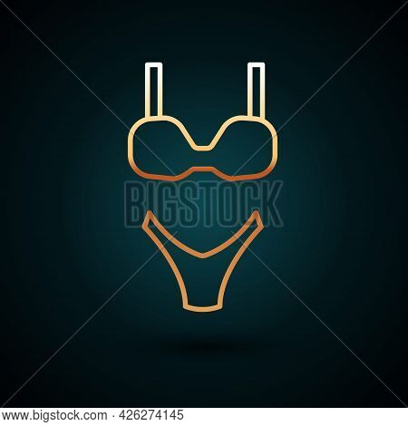 Gold Line Summer Beach Swimsuit Icon Isolated On Dark Blue Background. Beach Women Fashion. Vector