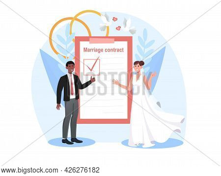 Smiling Bride And Groom Are Signing Marriage Contract Together. Happy Couple Getting Married And Sig