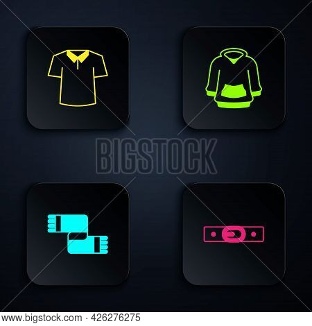 Set Belt, Shirt, Winter Scarf And Hoodie. Black Square Button. Vector