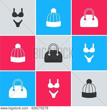 Set Swimsuit, Winter Hat And Handbag Icon. Vector
