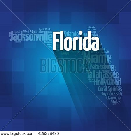 List Of Cities In Florida Usa State, Map Silhouette Word Cloud Map Concept