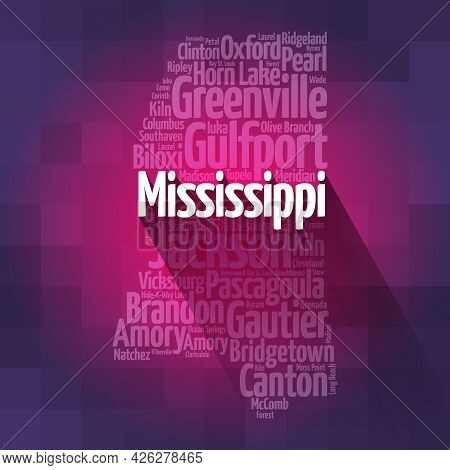 List Of Cities In Mississippi Usa State, Map Silhouette Word Cloud Map Concept