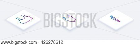 Set Isometric Line Undershirt, Swimsuit And Umbrella. White Square Button. Vector