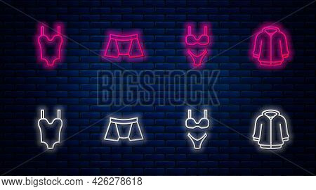 Set Line Men Underpants, Swimsuit, And Hoodie. Glowing Neon Icon On Brick Wall. Vector
