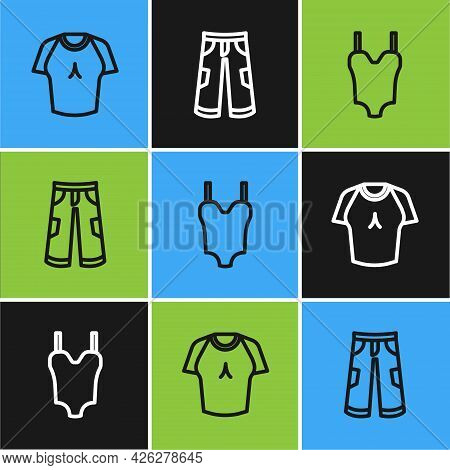 Set Line T-shirt, Swimsuit And Pants Icon. Vector