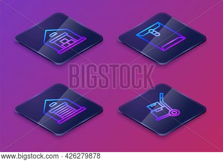 Set Isometric Line Warehouse, Envelope And Hand Truck And Boxes. Blue Square Button. Vector