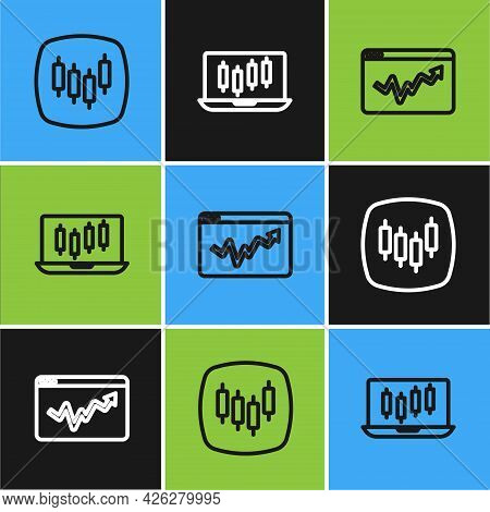 Set Line Browser With Stocks Market, Graph Chart Infographic And Stocks Growth Graphs Icon. Vector